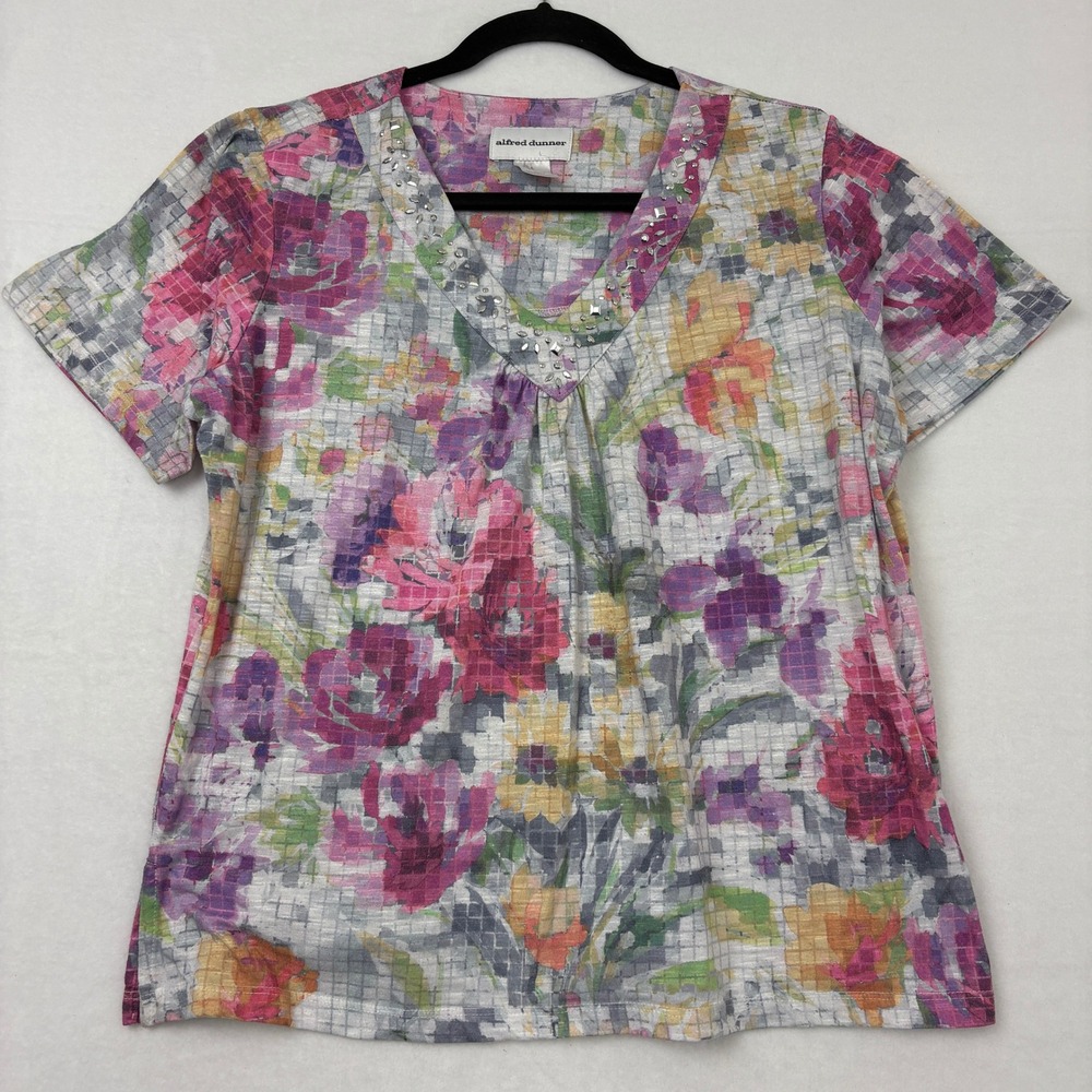 Alfred Dunner Womens Floral V-Neck Blouse Silver Beaded Short Sleeve Top Large